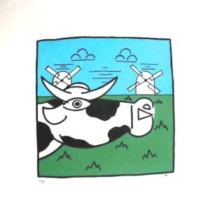 zeefdruk Koe met molens Henk de Bouter